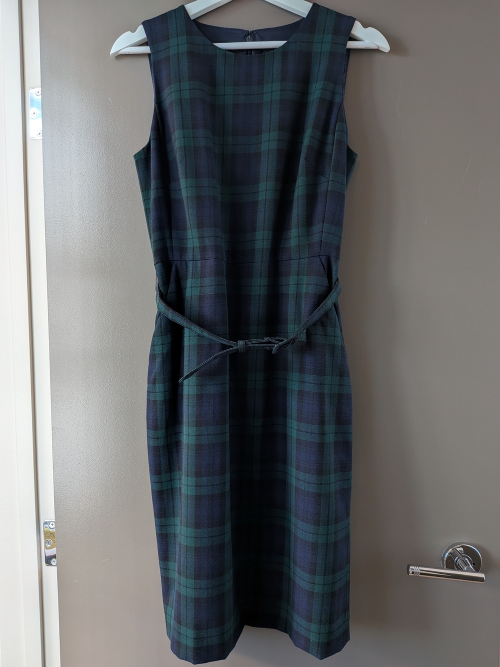 J.Crew Black Watch Tartan Belted Sheath Dress Wool Plaid Green Navy Blue 4